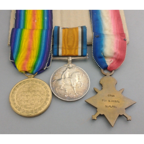 169 - WWI medal trio 12/LANCERS awarded to 4795 Pte. B. Hyam comprising 1914 Star with 5th August - 22nd N... 