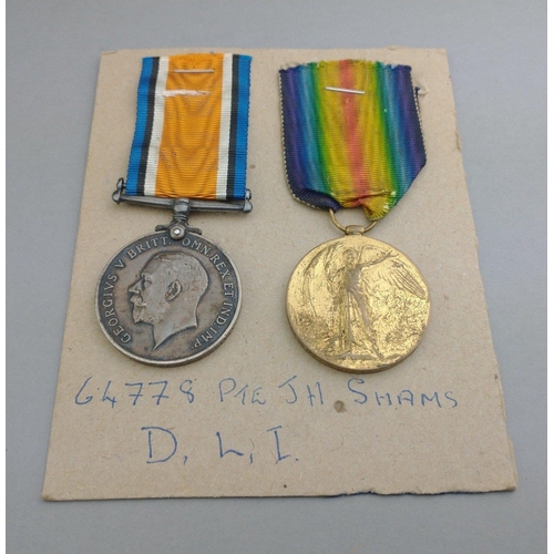 173 - WWI medal trio DURHAM LIGHT INFANTRY awarded to 64778 Pte. J. H. Sams comprising 1914-15 Star, Briti... 