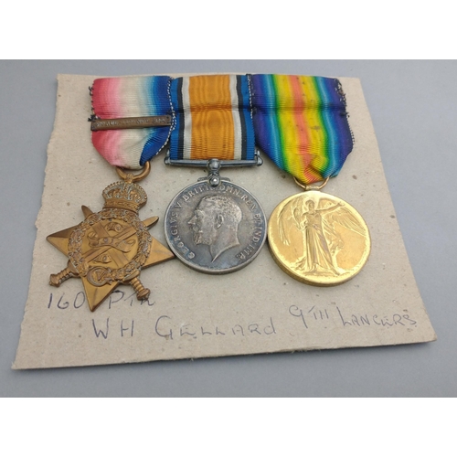 174 - WWI Medal trio 9th LANCERS awarded to 1600 Pte. W. H. Geldard comprising 1914 star with 5th Aug - 22... 