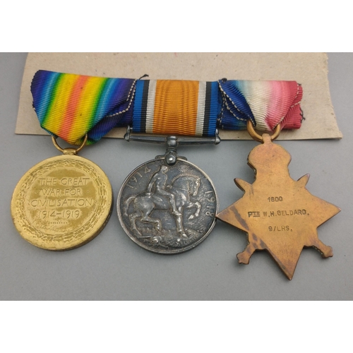 174 - WWI Medal trio 9th LANCERS awarded to 1600 Pte. W. H. Geldard comprising 1914 star with 5th Aug - 22... 