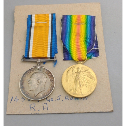 180 - WWI medal pair ROYAL ARTILLERY awarded to 145014 Gn. J. Adams comprising British War Medal and Victo... 