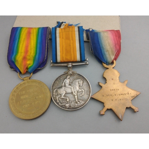 181 - WWI medal trio ROYAL FIELD ARTILLERY awarded to 89924 Sth. W. Brodie, comprising 1914-15 Star, Briti... 