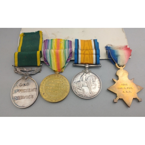 191 - WWI medal group ARMY SERVICE CORPS awarded to 1250 Dvr. G. Fox comprising 1914-15 Star, British War ... 