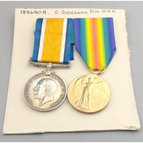 196 - WWI medal pair RNR Deck Hand awarded to 12968 D. A. Anderson comprising British War Medal and Victor... 