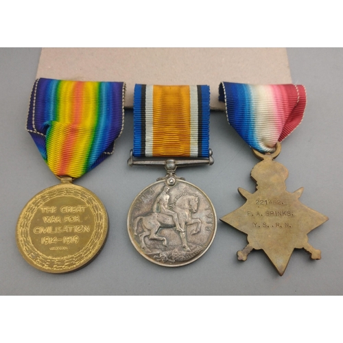 197 - WWI medal trio ROYAL NAVY awarded to 221462 F. A. Spinks Yeoman of Signals RN comprising 1914-15 Sta... 