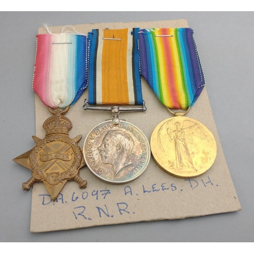 199 - WWI medal group RNR awarded to DA6097 A. Lees Dh. RNR comprising 1914-15 Star, British War Medal and... 