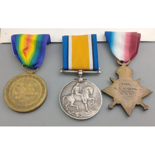 200 - WWI medal trio RNR awarded to Engineer R. Rogers comprising 1914-15 Star, British War Medal and Vict... 