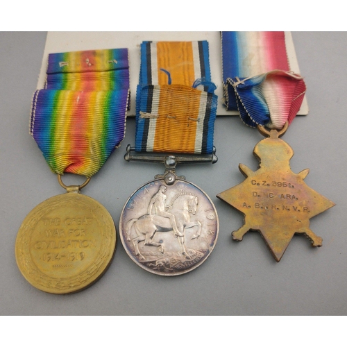 201 - WWI medal trio RNVR awarded to C.Z.3951 D. Mcara AB RNVR comprising 1914-15 Star, British War Medal ... 