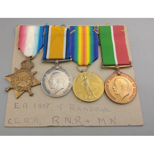 202 - WWI medal group ROYAL NAVAL RESERVE and MERCHANT NAVY awarded to  EA 1857 T. Randall C.E.R.A. RNR co... 