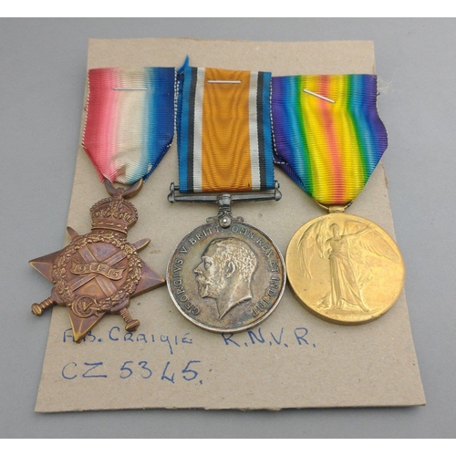 203 - WWI medal trio RNVR  awarded to Cz-5345 Ab. G. W. Craigie, comprising 1914-15 Star, British War Meda... 