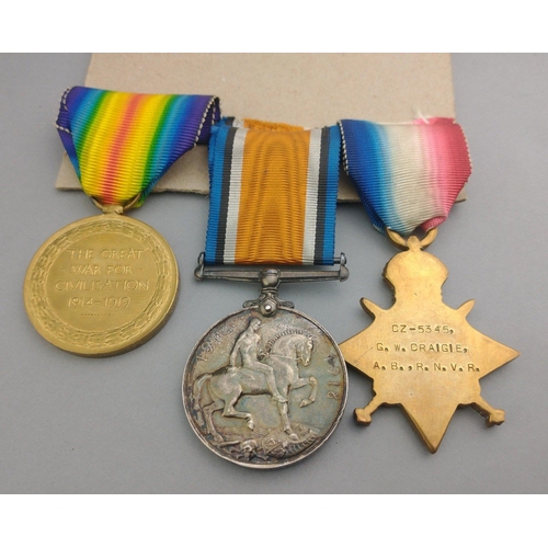 203 - WWI medal trio RNVR  awarded to Cz-5345 Ab. G. W. Craigie, comprising 1914-15 Star, British War Meda... 