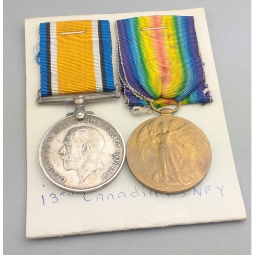 207 - WWI medals to 13- CANADIAN INFANTRY mis-matched pair comprising British War Medal to 24051 Pte W. To... 