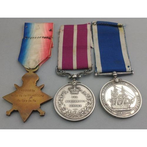 211 - GEORGE V/ WWI medal group awarded to 183582 Petty Officer RN A.E.V.G. Peacock 1914-15 Star.  With a ... 