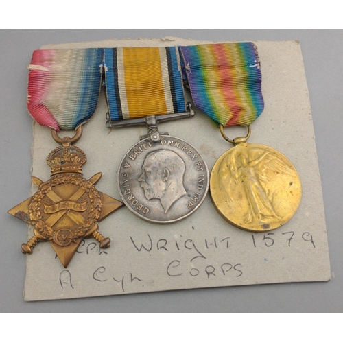 214 - WWI medal trio ARMY CYCLING CORPS awarded to 1579 L.Cpl. J. Wright comprising 1914-15 Star, British ... 