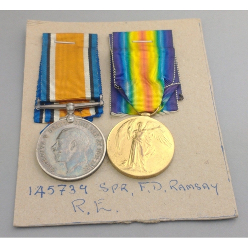 217 - WWI medal pair ROYAL ENGINEERS awarded to 145739 Spr. F. D. Ramsay comprising British War Medal and ... 