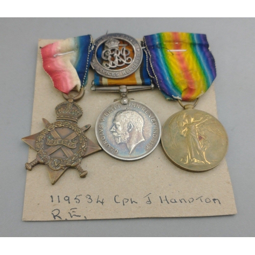 221 - WWI medal trio ROYAL ENGINEERS awarded to 119534 Cpl. J. Hampton, comprising 1914-15 Star, British W... 