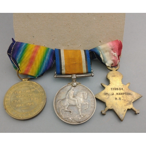 221 - WWI medal trio ROYAL ENGINEERS awarded to 119534 Cpl. J. Hampton, comprising 1914-15 Star, British W... 