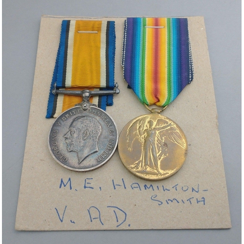 253 - WWI medal pair VAD awarded to M.E. Hamilton-Smith#264