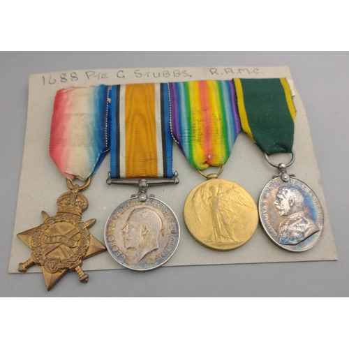 257 - WWI medal group RAMC awarded to 1688 Pte. G. Stubbs comprising 1914-15 Star, British War Medal, Vict... 