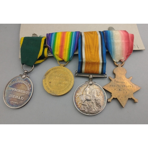 257 - WWI medal group RAMC awarded to 1688 Pte. G. Stubbs comprising 1914-15 Star, British War Medal, Vict... 