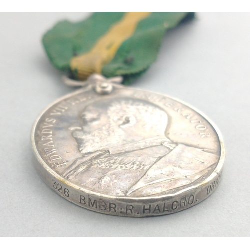 296 - EDWARD VII Territorial Force Efficiency Medal awarded to 326 Bombr. R Halcro, ORKNEY ROYAL GARRISON ... 