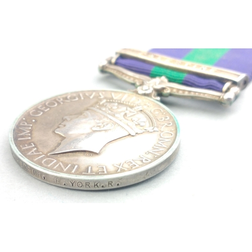 314 - GEORGE VI GSM General Service Medal with Palestine bar awarded to 3052154 Pte. A. Petrie EAST YORKSH... 