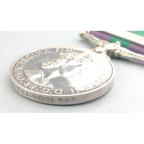 333 - ELIZABETH II GSM General Service Medal with Malaya clasp awarded to 2742522 L.A.C. D. G. Burness RAF... 