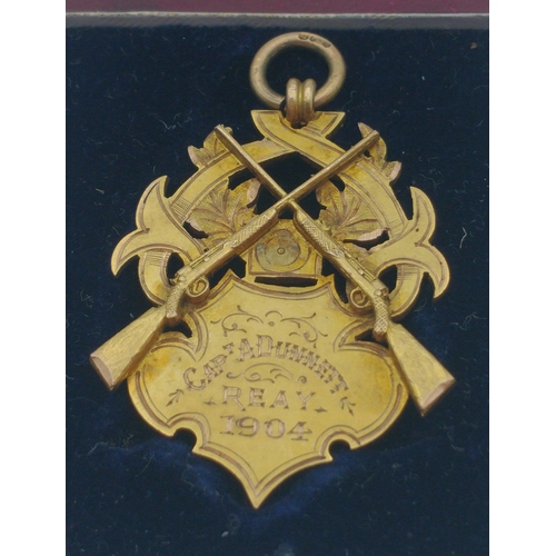 54 - REAY RIFLE VOLUNTEERS 1902 375 hallmarked medal awarded to Captain A. Dunnett 40mm weight 7.5g appro... 