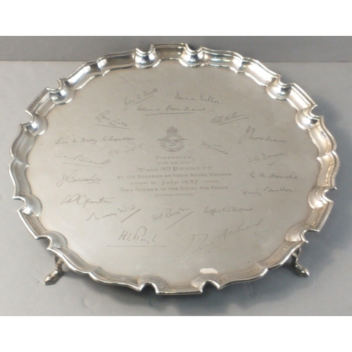 57 - A stunning fully hallmarked sterling silver scallop edged footed tray inscribed with signatures from... 