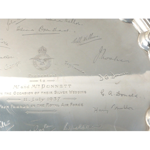 57 - A stunning fully hallmarked sterling silver scallop edged footed tray inscribed with signatures from... 