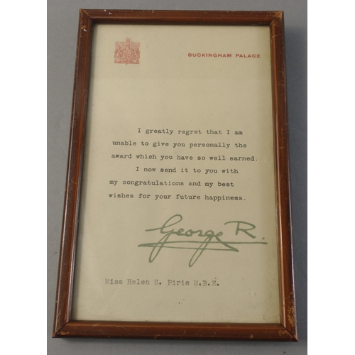 67 - Framed Buckingham Palace award letter signed by George V.  Frame size 20x13cm approx#72