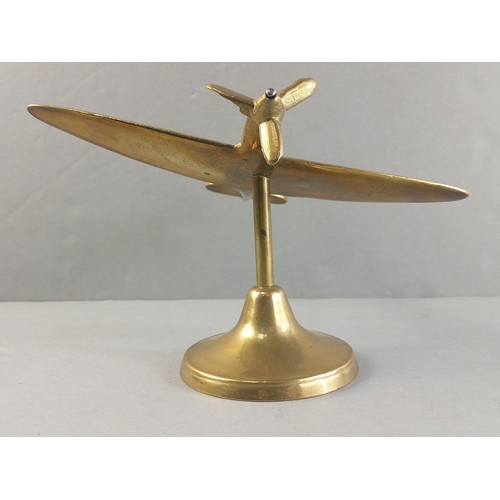 80A - Lovely trench art style model of spitfire on stand.  Good condition.  Wing span 20cm approx.#91