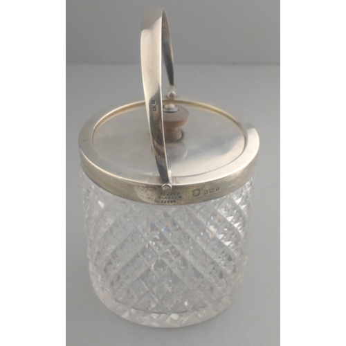 36 - A very pretty Edward of Glasgow crystal biscuit barrel with silver hallmarked collar, lid and handle... 