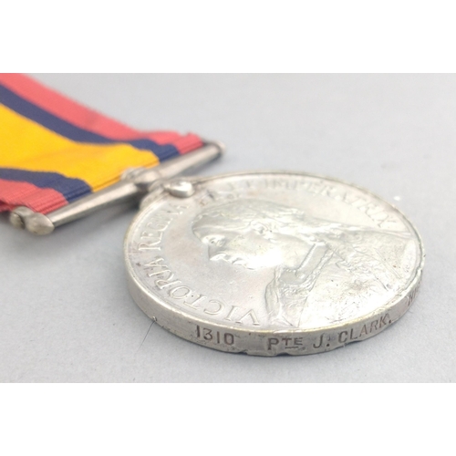 106 - VICTORIA BOER WAR Queen's South Africa Medal no clasps awarded to 1310 Pte. J. Clark HIGHLAND LIGHT ... 