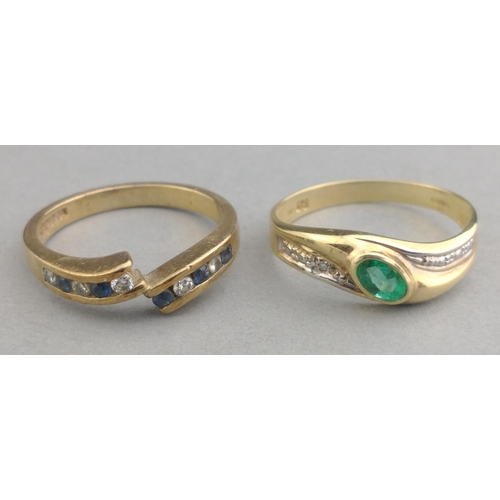 10 - Two dress rings both stamped 375, one set with 5 small diamonds (tested) and 5 blue stones, size L a... 