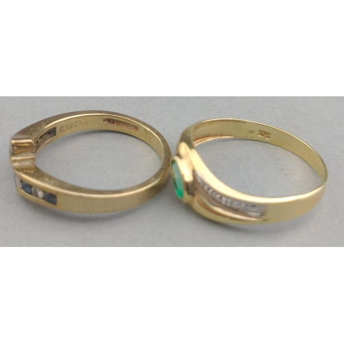 10 - Two dress rings both stamped 375, one set with 5 small diamonds (tested) and 5 blue stones, size L a... 