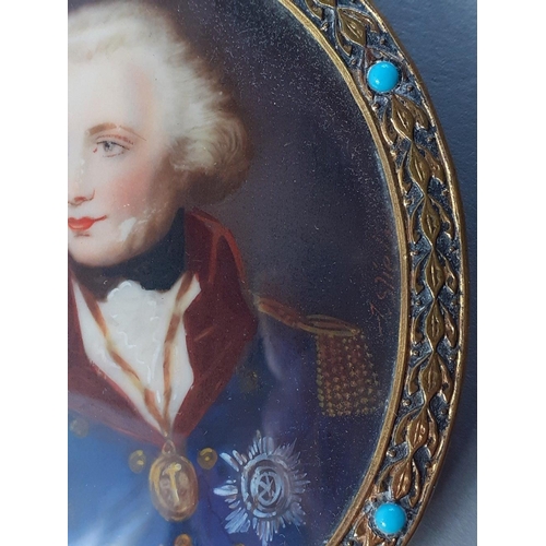 101 - A miniature framed portrait likely Admiral Lord Nelson.  7cm in turquoise beaded frame. Signature to... 