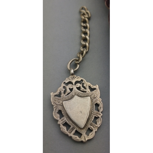 104 - A nice silver hallmarked Vesta case on a plated chain. Also two silver fob medals. 43g approx.#104... 