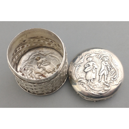 106 - Small silver hallmarked repoussé pot with Lewis & Lewis London hallmarks 1892. Approx 3cm tall. ... 