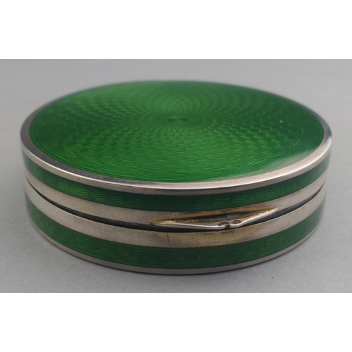 107 - Vintage COTY enamel powder compact in lovely complete condition with deep green Guilloche enamel fin... 