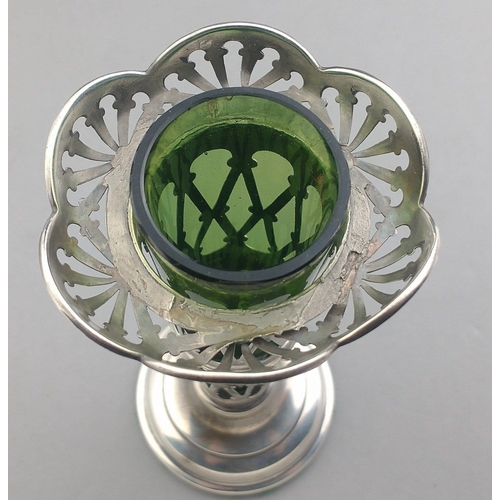 108 - A silver hallmarked green glass flower holder. Hallmarked Birmingham 1905 by William Aitken. 13cm ap... 