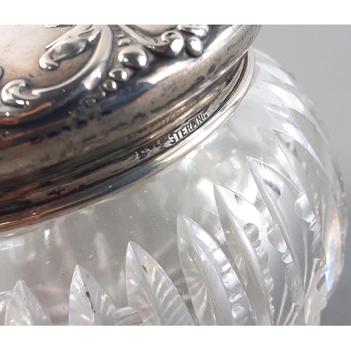 116 - Cut glass dressing table jar 7cm tall with sterling silver monogrammed lid.  Lid weighs 26g approx#1... 