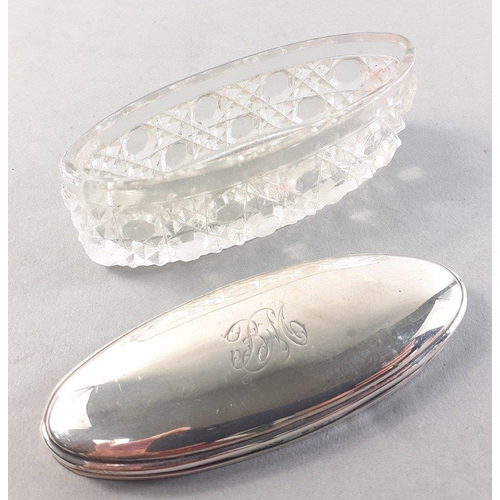 117 - Small cut glass dressing table dish 7cm wide with sterling silver monogrammed lid.  Lid weighs 10g a... 