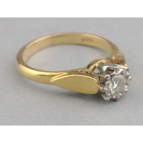 13 - A diamond (tested) solitaire ring stamped 750, stone measures approx 5mm, size J.  Gross weight 3.62... 