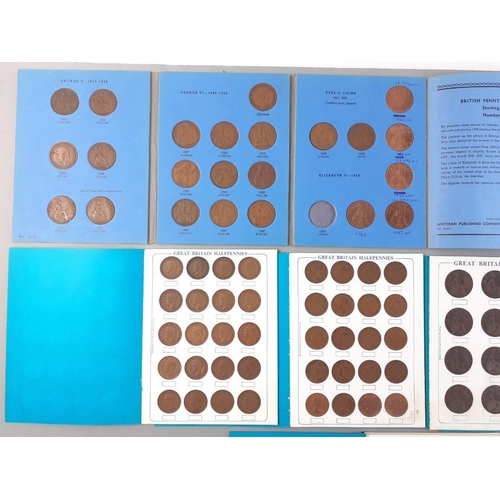 139 - SANDHILL COIN FOLDERS to include 2 x halfpennies (complete), minor coins (incomplete), 3 x pennies (... 