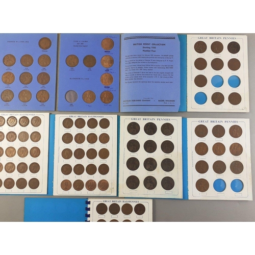 139 - SANDHILL COIN FOLDERS to include 2 x halfpennies (complete), minor coins (incomplete), 3 x pennies (... 