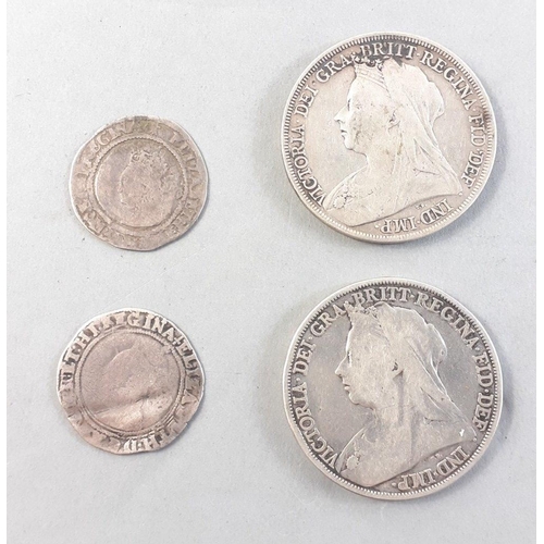 141 - Two Victorian crowns from 1895 and 1900 and an Elizabethan sixpences one from 1582.#141