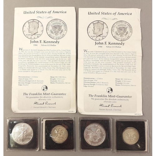 144 - Coins of US interest to include 2 x 1977 1ounce fine Walking Liberty bullion coins and 2 x 1964 Kenn... 