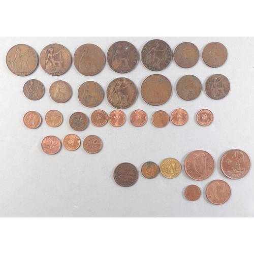 145 - Copper coinage of interest to include pennies, an Irish penny, London & Newcastle tea company to... 