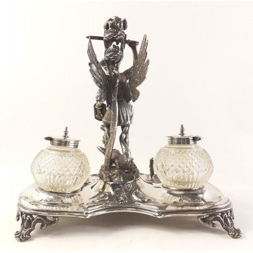 164 - A magnificent JAMES DEAKIN & Sons silver plated desk set with cut glass bowls. Stands 23cm tall ... 